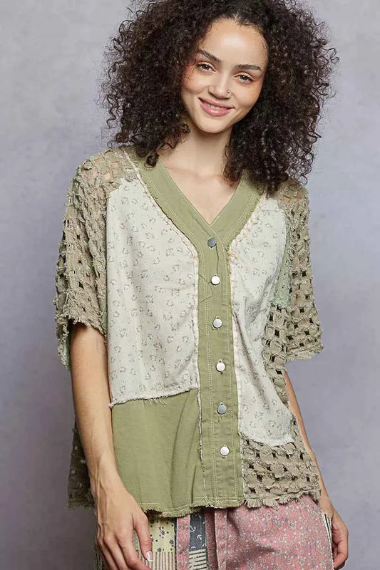 POL Button Down V-Neck Jacket with Printed Woven Patchwork 2db757d5-86e4-4558-b8d4-a88d92ac03e9-Max-Origin