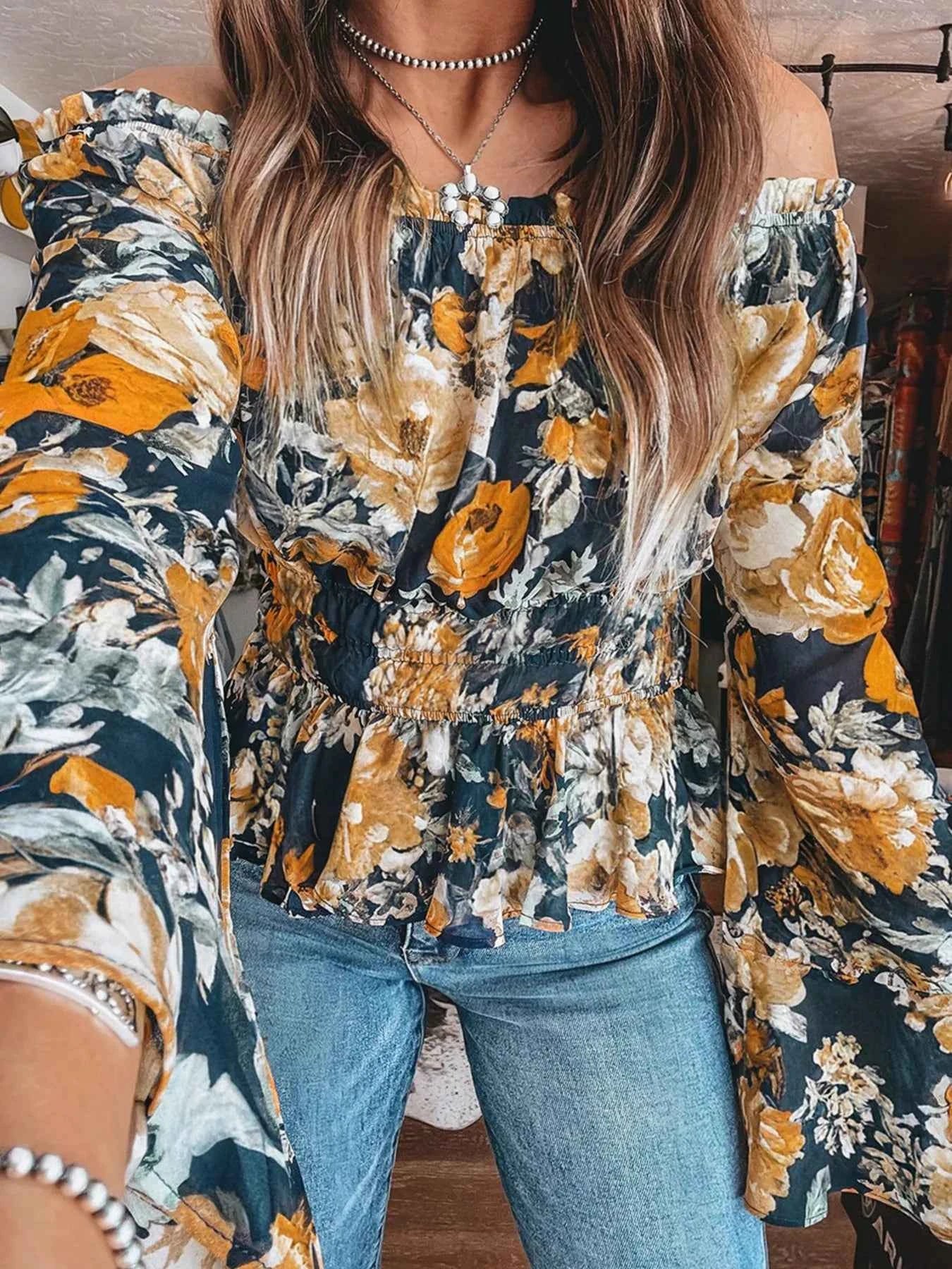 Floral Off Shoulder Bell Sleeve Smocked Peplum Top 2dbb79af2086413aaf940f2532dc77ea-Max-Origin