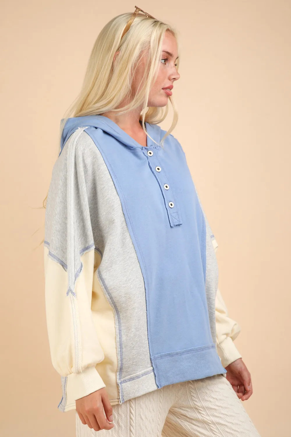 VERY J Exposed Seam Color Block Half Button Hoodie 2dbcb3f5-5812-4f4a-9c15-ab3fba848cff-Max