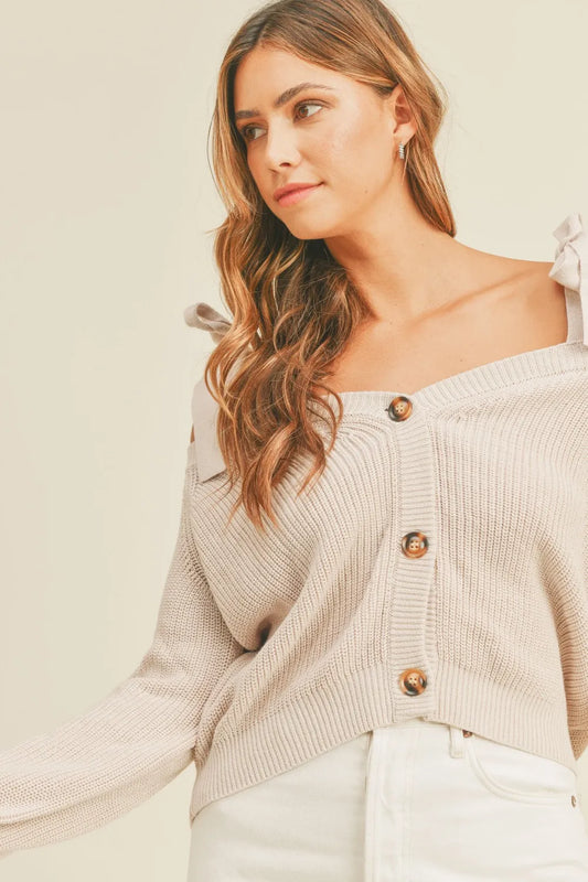 Off Shoulder Self Tie Strap Button Down Sweater 2dc698d8-e893-4265-8247-bd63be05b4a9-Max
