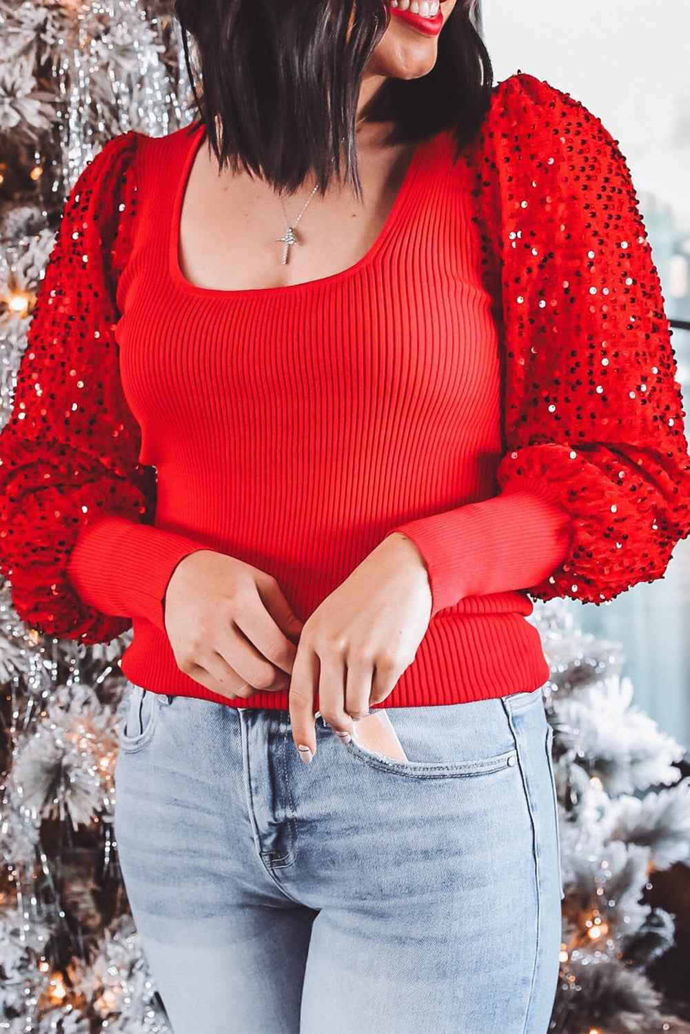 Fiery Red Sequin Sleeve Patchwork Ribbing Knit Square Neck Holiday Sweater Fiery Red 52%Viscose+26%Polyester+22%Polyamide 2dc6d56e2e19817a