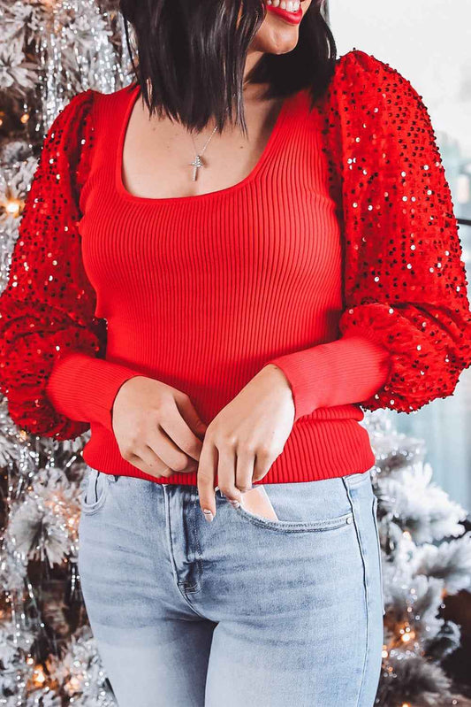 Fiery Red Sequin Sleeve Patchwork Ribbing Knit Square Neck Holiday Sweater Fiery Red 52%Viscose+26%Polyester+22%Polyamide 2dc6d56e2e19817a