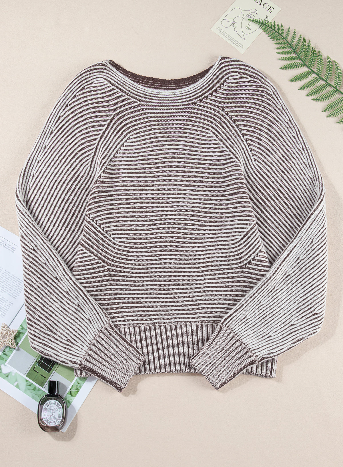 Black Striped Print Ribbed Knit Raglan Sleeve Baggy Sweater 2dc97a547132e920