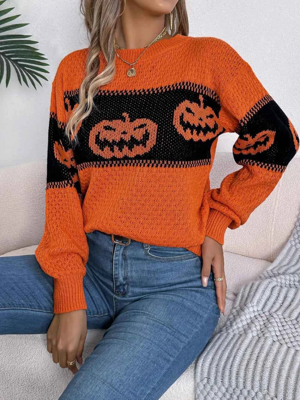 Pumpkin Round Neck Long Sleeve Sweater 2dca1e01-8c1d-4c5b-94a4-3a89278523d9-Max