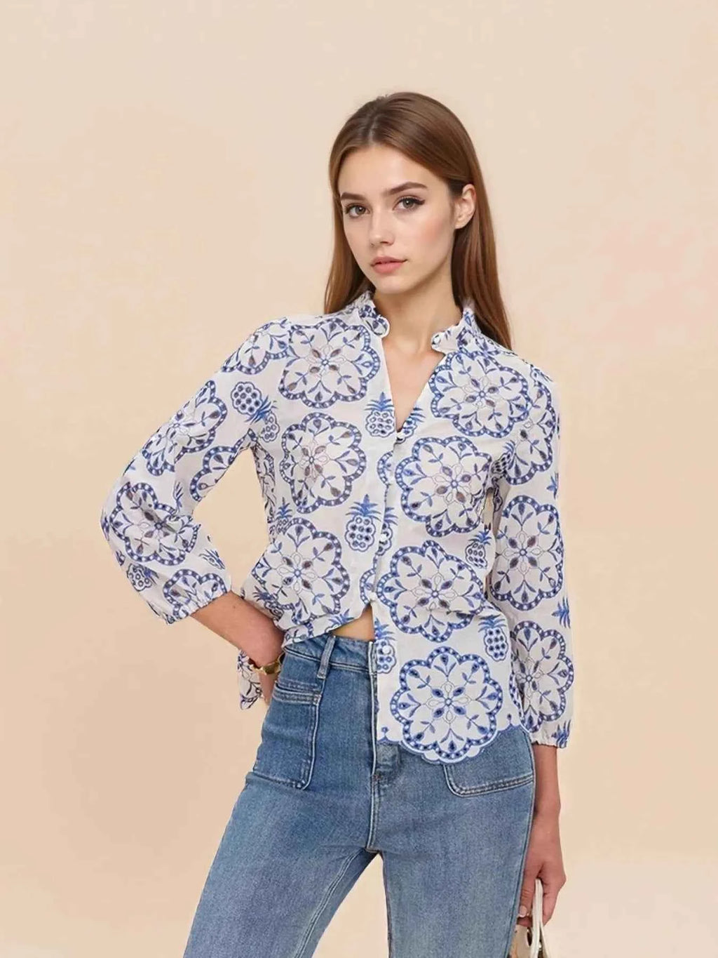 Eyelet Embroidered Long Sleeve Shirt Blue 2dcc22de488b44299409fb5e8578b21b-Max-Origin