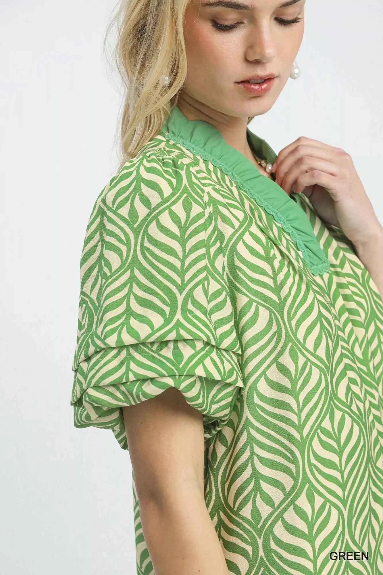 Umgee Leaf Print Ruffle Neck Midi Dress 2dccfb9b-e820-4eea-994f-350e6def6eb7-Max-Origin