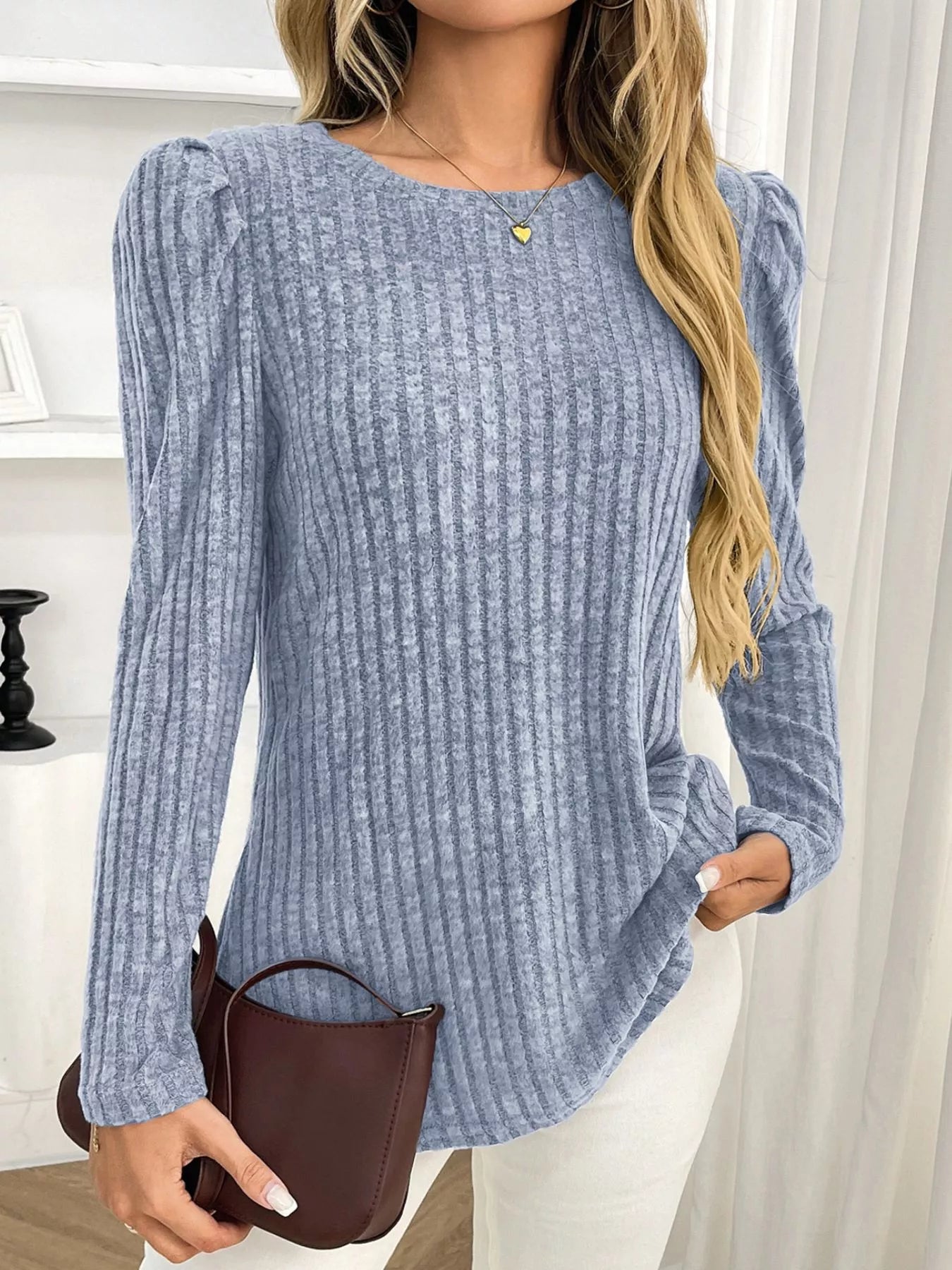 Round Neck Puff Sleeve T-Shirt Light Blue 2dcefc6a-b870-4cc2-b229-ecdac7765f40-Max-Origin