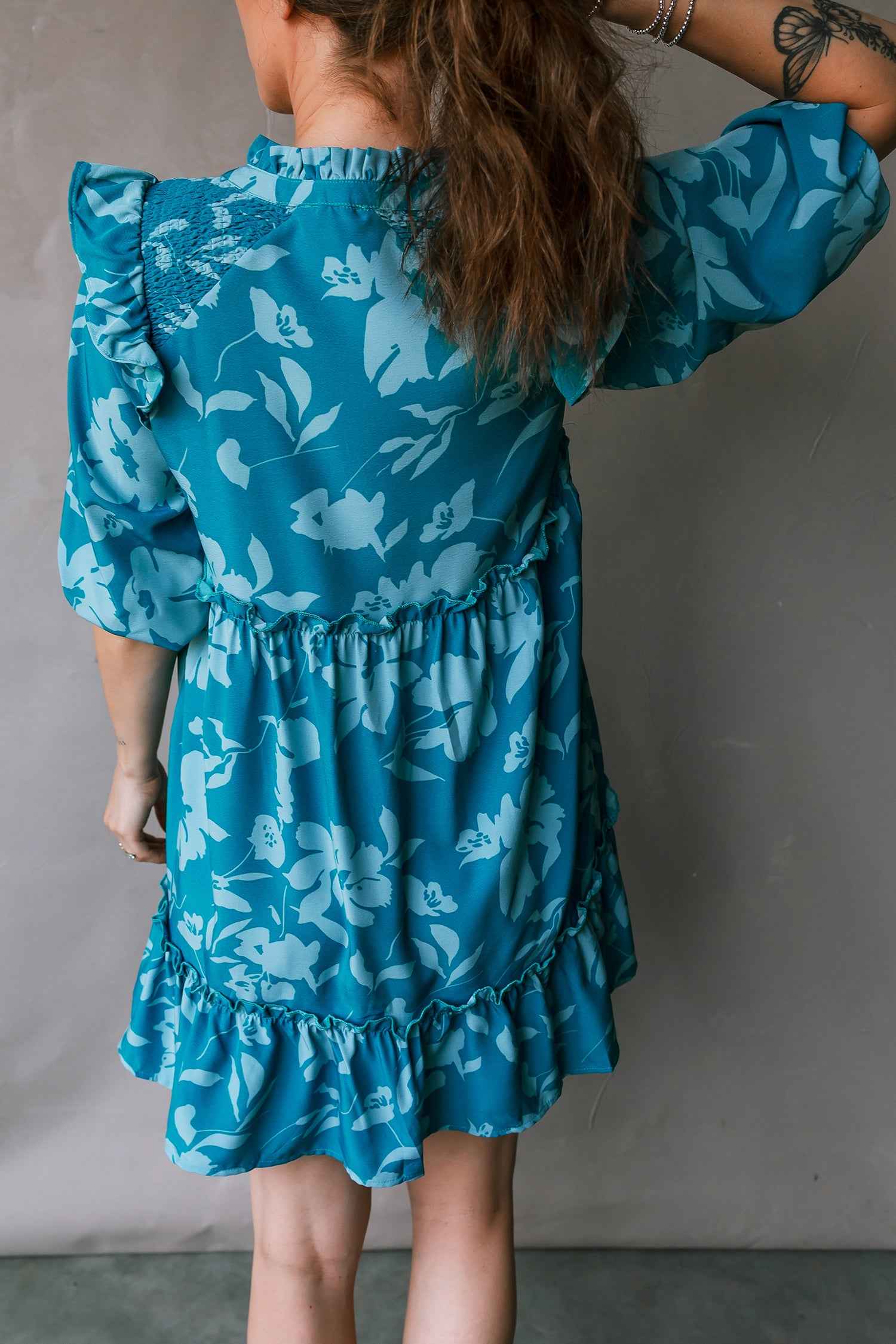 Blue Flower Half Sleeve Tiered Ruffled Mini Dress 2dd249a541c3bc87