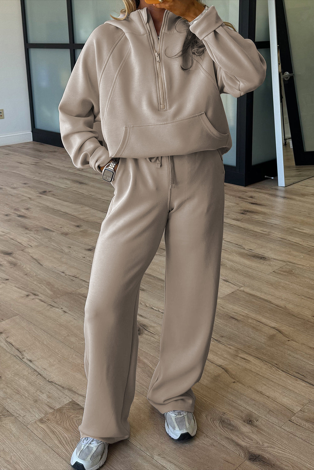 Beau Blue Half Zip Thumbhole Sleeve Hoodie Active Pants 2pcs Outfit Jet Stream 50%Polyester+45%Viscose+5%Elastane 2ddb70aede1c5617