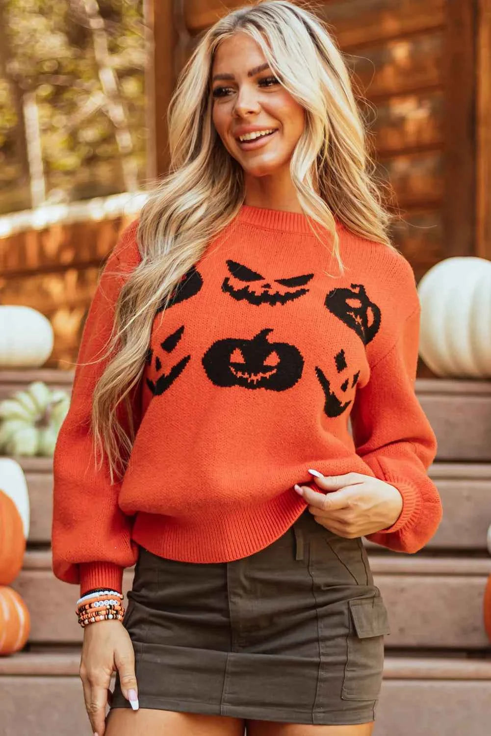 Pumpkin Pattern Round Neck Sweater 2de2e9e6-655c-4040-941d-13000d8ef464-Max