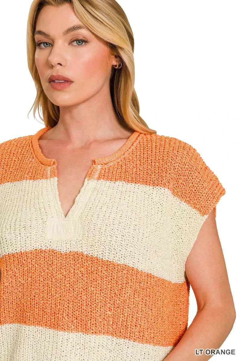 Zenana Split Neck Sleeveless Stripe Sweater 2de377d035e74aa5b59ac2b1ffa4fd28-Max-Origin