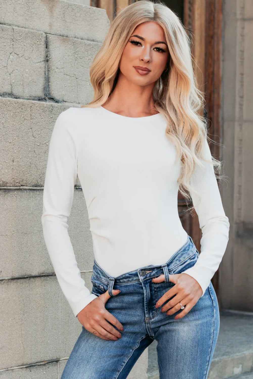 Mineral Red Ribbed Long Sleeve Crew Neck Solid Color Bodysuit 2de7507be04361b8