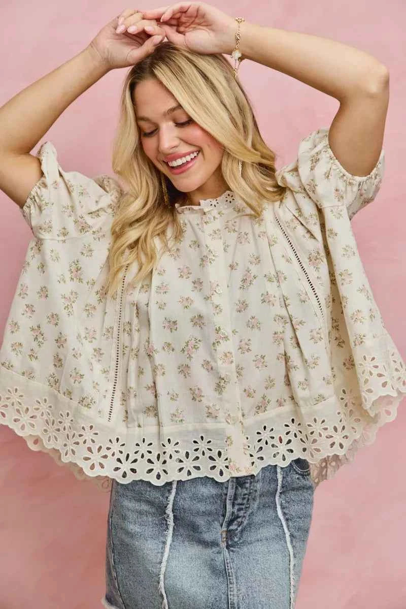 SO ME Floral Print Lace Trim Short Sleeves Blouse 2de7cb3e69224f42b88479b4c4493f63-Max-Origin