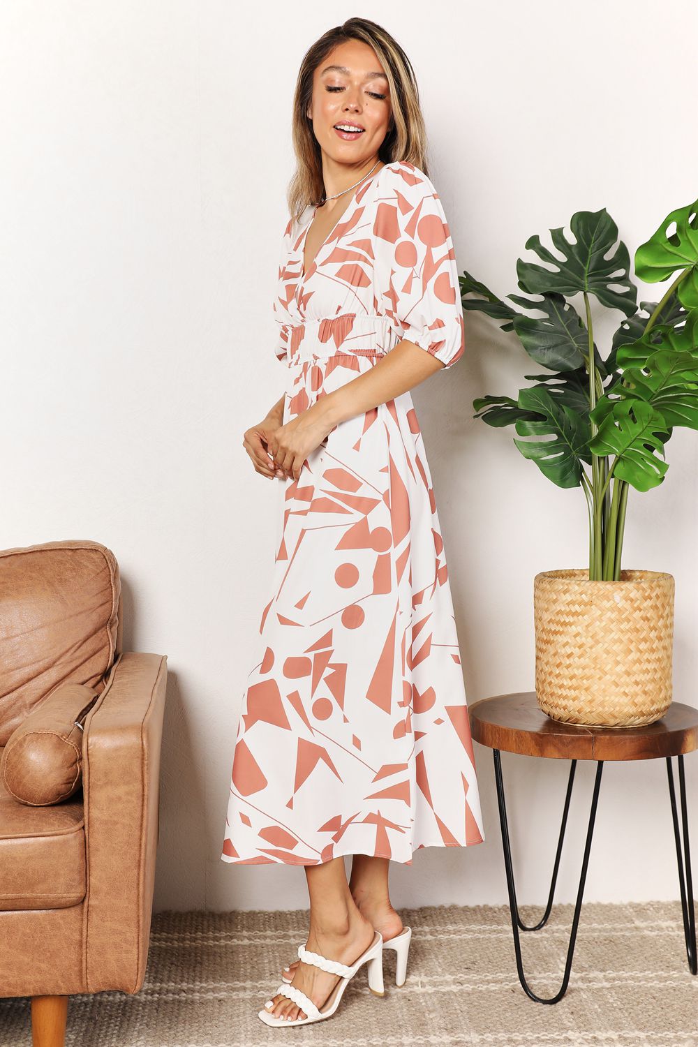 Printed Surplice Balloon Sleeve Dress 2deee1c48b474c49875eb46c04e04f1c-Max