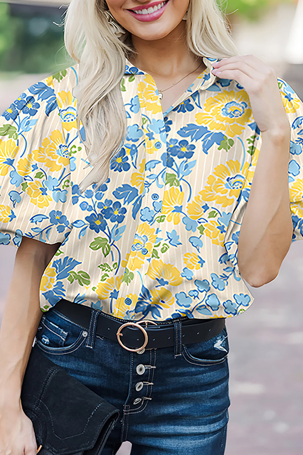 Blue Floral Striped Mixed Print Puff Sleeve Blouse Blue 2df36d34c5d69c3c