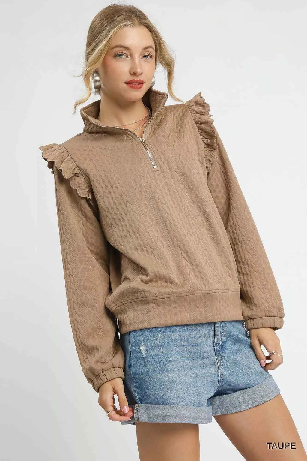 Umgee Cable Knit Textured Pullover with Ruffle Shoulders 2dfa312a-aac8-4982-bc11-b6b3319a5c8b-Max-Origin