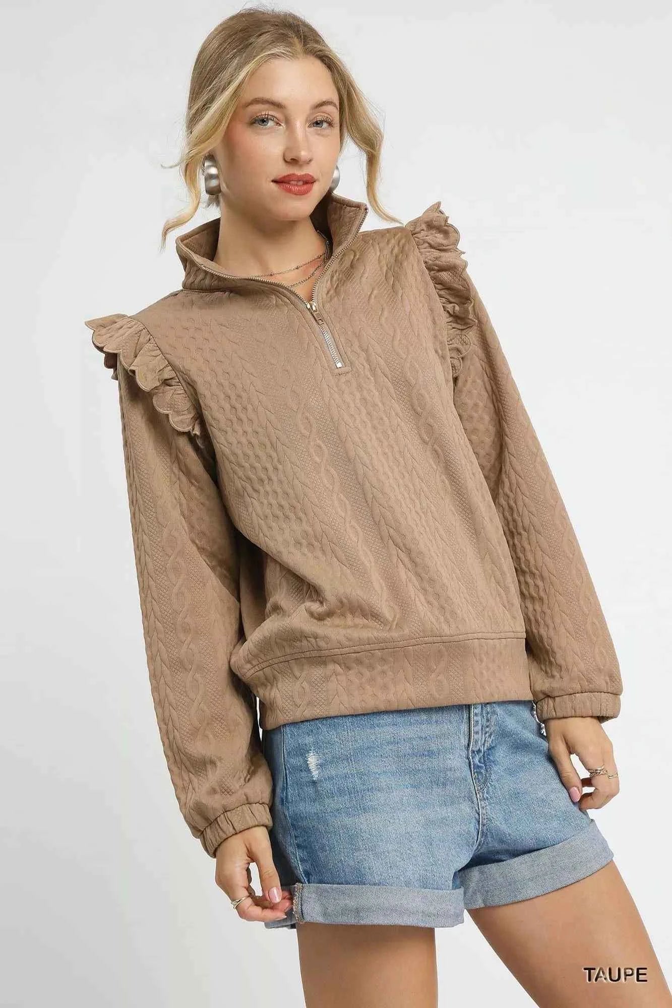 Umgee Cable Knit Textured Pullover with Ruffle Shoulders 2dfa312a-aac8-4982-bc11-b6b3319a5c8b-Max-Origin