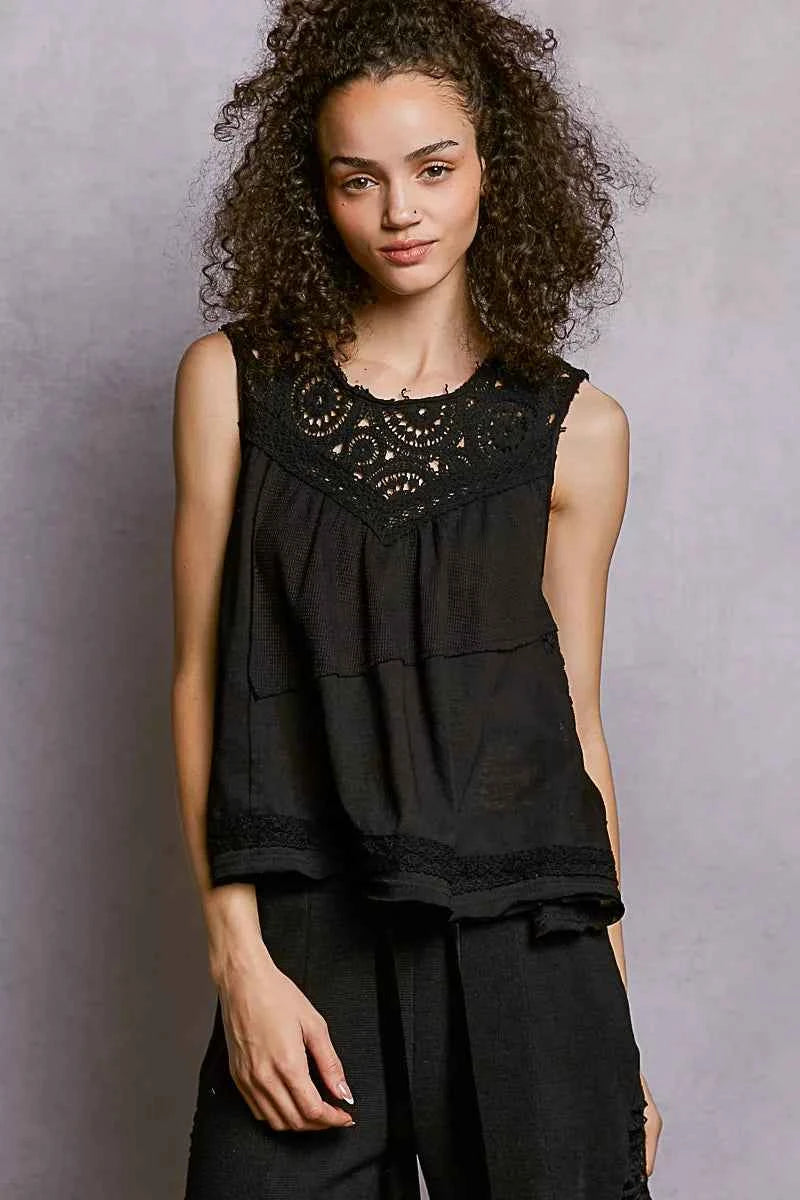 Round Neck Sleeveless Top with Crochet Contrast BLACK 2dfdb6be-45a8-425a-bd42-b16732771029-Max-Origin
