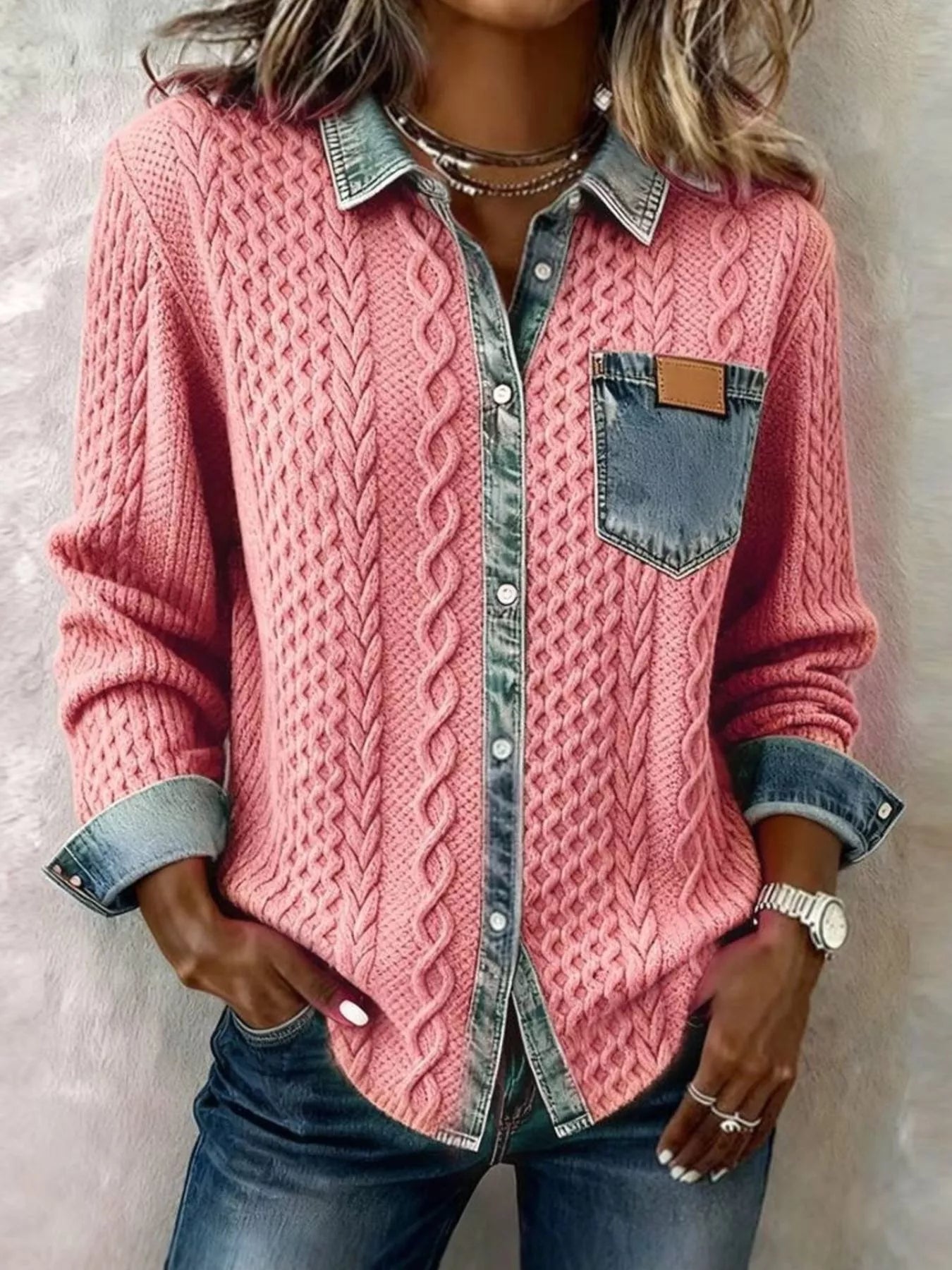 Denim Trim Cable Knit Cardigan Pink 2dfddd79-458b-48a6-84ca-341457a28752-Max-Origin