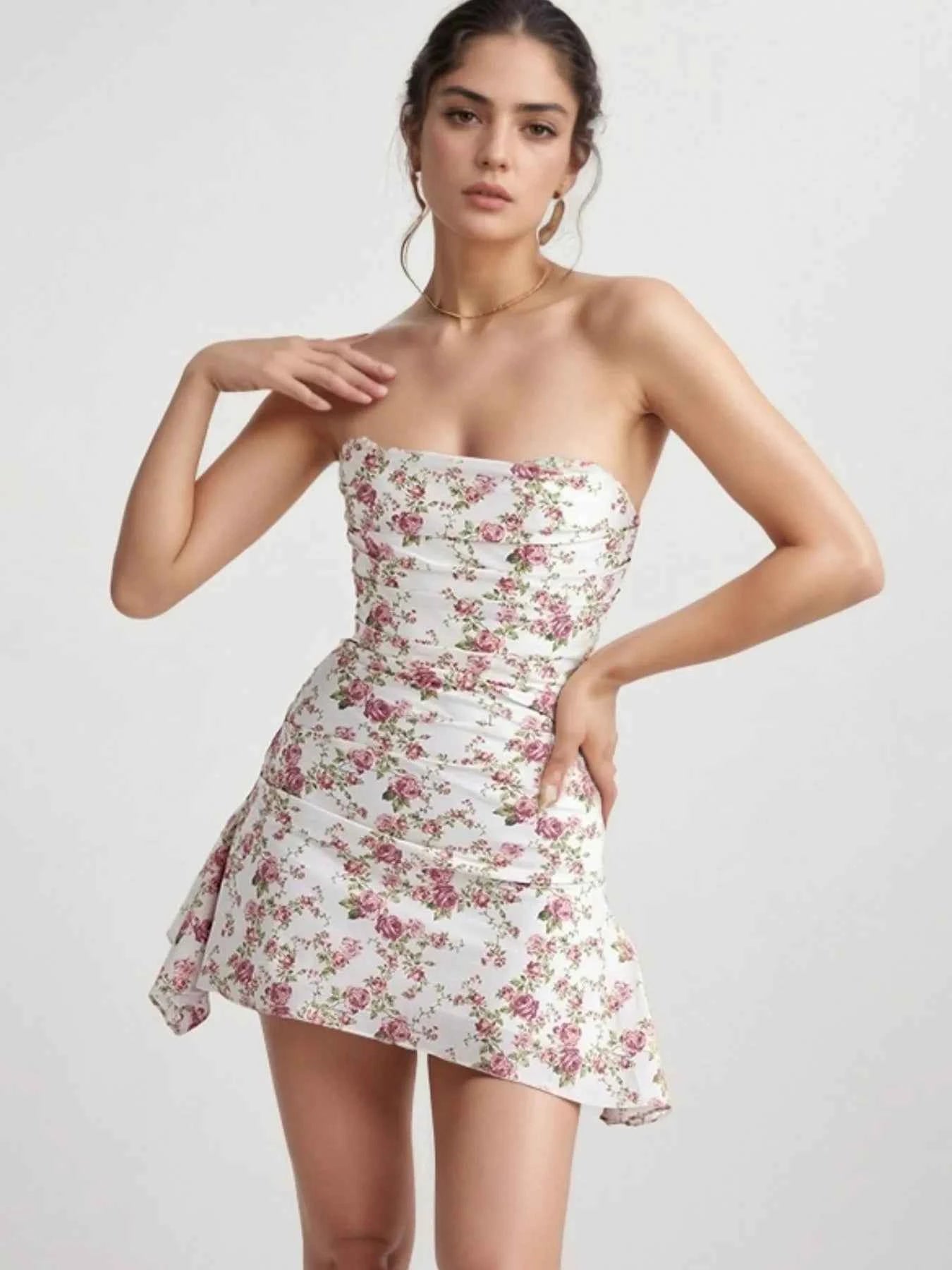 Floral Print Strapless Mini Dress Pink 2e04c7c0-c4dc-4a72-9449-43a76e1b0573-Max-Origin