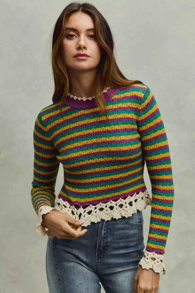 SO ME Mardi Gras Striped Cropped Knit Top with Crochet Edge PURP GOLD GRN OAT 2e06562194b2422a885e17061d2a30a0-Max-Origin