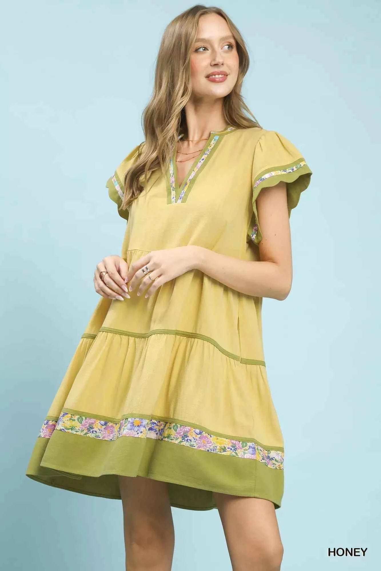 Umgee Linen Tiered Flutter Sleeve Dress with Floral Trim HONEY 2e09e12c-3a23-49b1-a7aa-234f767652dc-Max-Origin