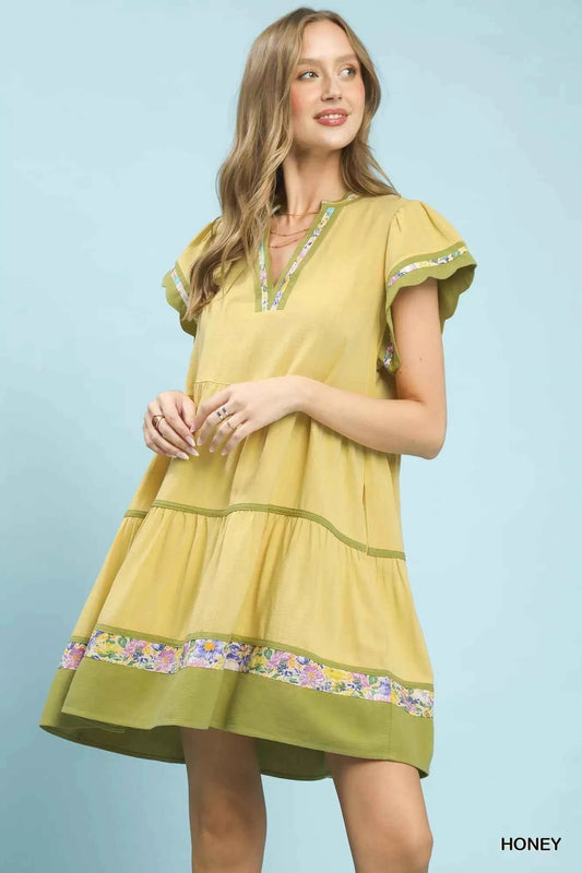 Umgee Linen Tiered Flutter Sleeve Dress with Floral Trim HONEY 2e09e12c-3a23-49b1-a7aa-234f767652dc-Max-Origin