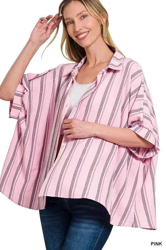 Zenana Woven Yarn-Dye Stripe Oversized Button Down Shirt 2e0df8cec7d349899a7cf5632cdcfb2a-Max-Origin