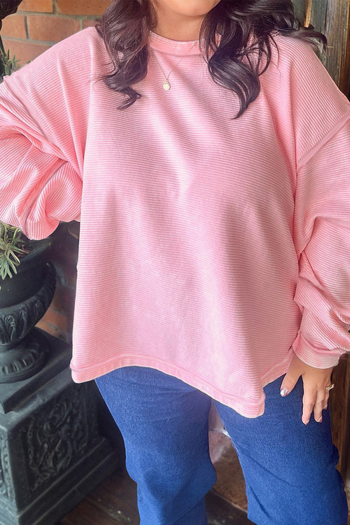 Pink Drop Shoulder Long Sleeve Plus Size Ribbed Top Pink 95%Polyester+5%Elastane 2e10f2325fcfbcc5