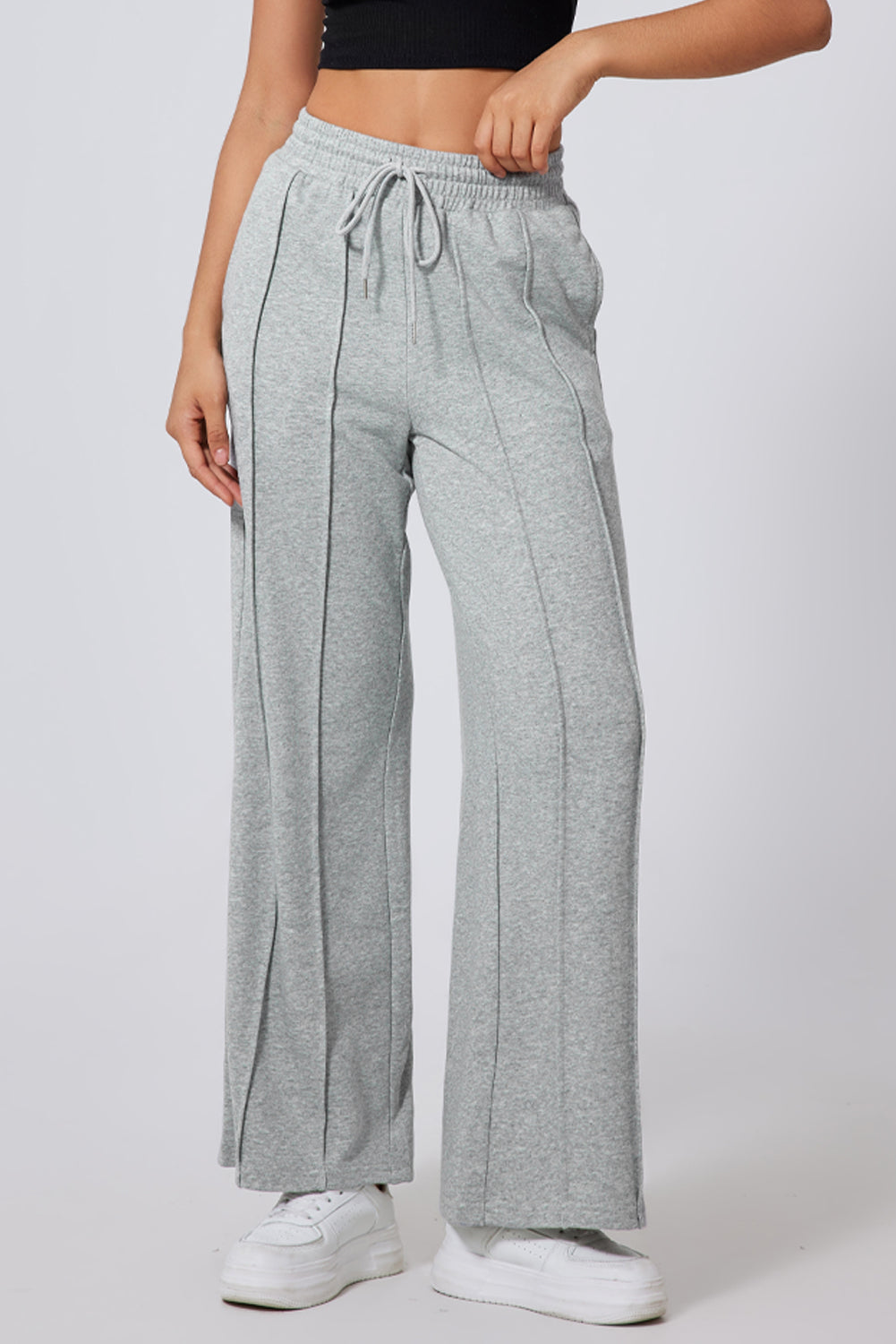 Gray Seamed Drawstring High Waist Wide Leg Sweatpants 2e15cd9202d14c0e