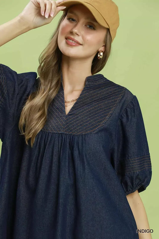 Notched Puff Sleeve Mini Dress with Pockets 2e198861-b8f9-44dd-a301-eb5918f77356-Max-Origin