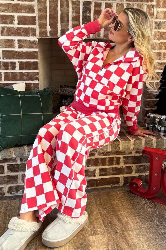 Red Checkered Print Half Zip Hoodie Loose Pant Set 2e1b3fc477df90d3