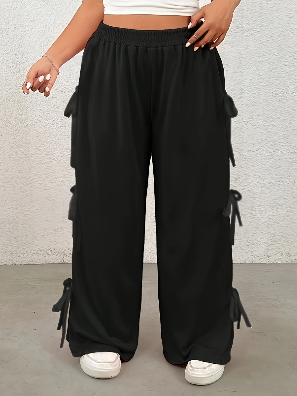 Plus Size Bow Elastic Waist Wide Leg Pants