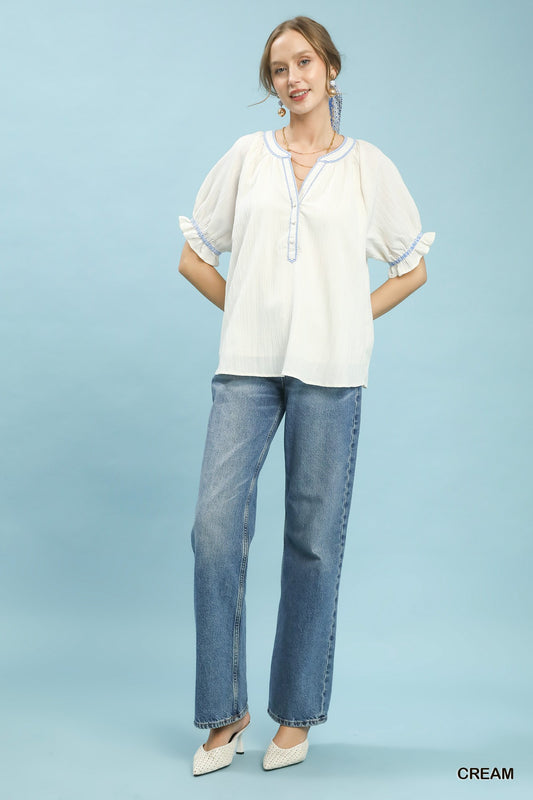 Textured Split Neck Puff Sleeve Top 2e22089d-f22e-450e-a762-dc82a09d10a5-Max