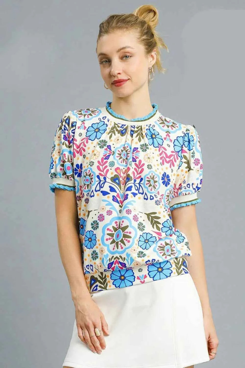 Umgee Retro Floral Puff Sleeve Top Pastel Blue 2e23e982-22a0-48a8-98ec-63ec419bed22-Max-Origin