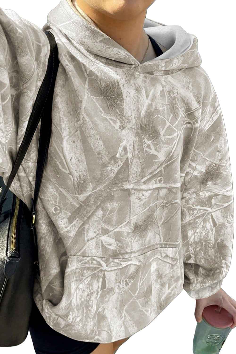 Light Pink Camouflage Plant Print Kangaroo Pocket Oversized Hoodie 2e2a23a61270f050