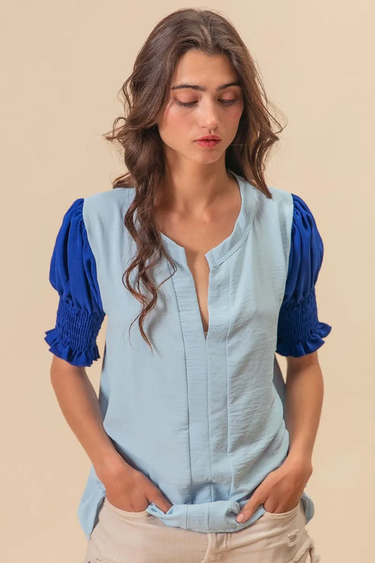 Air Flow Color Block Puff Sleeves V Neck Top LT.BLUE ROYAL 2e2b5468632f4c44bedb69ae2e7ab2f1-Max-Origin
