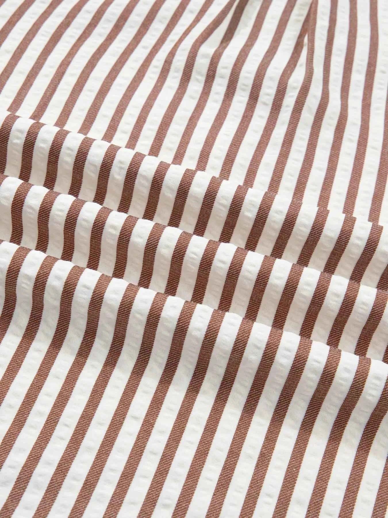 Stripe Collared Split Neck Short Bubble Sleeve Blouse