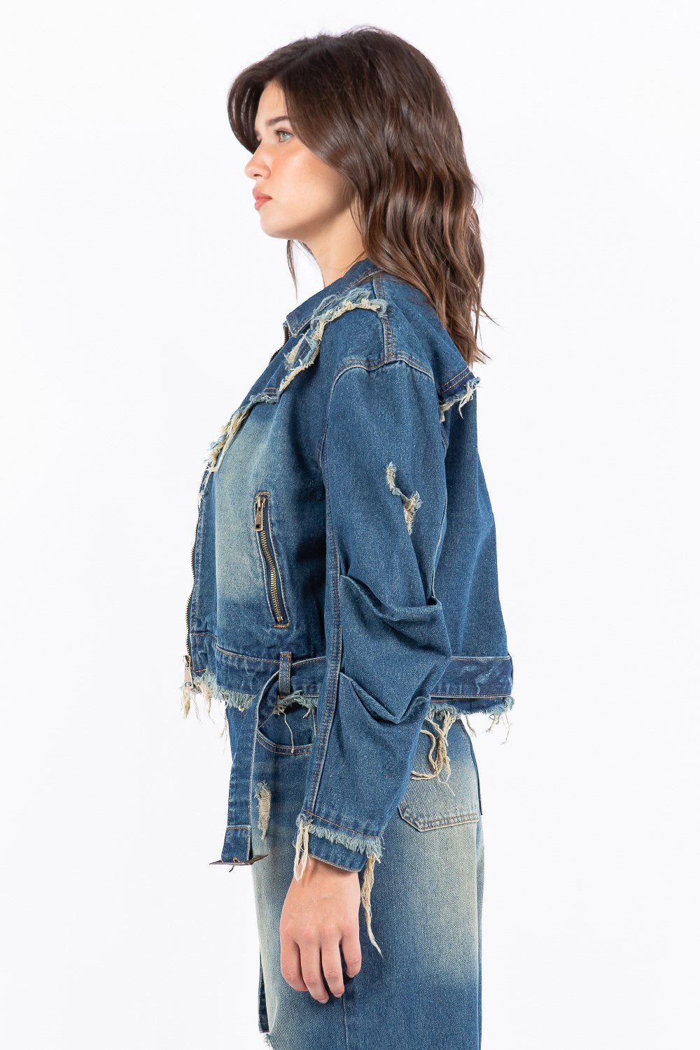 American Bazi Full Size Distressed Frayed Edge Zip Up Denim Jacket Plus Size 2e2c4d00-0ad9-4d28-befe-f51c5bed4178-Max