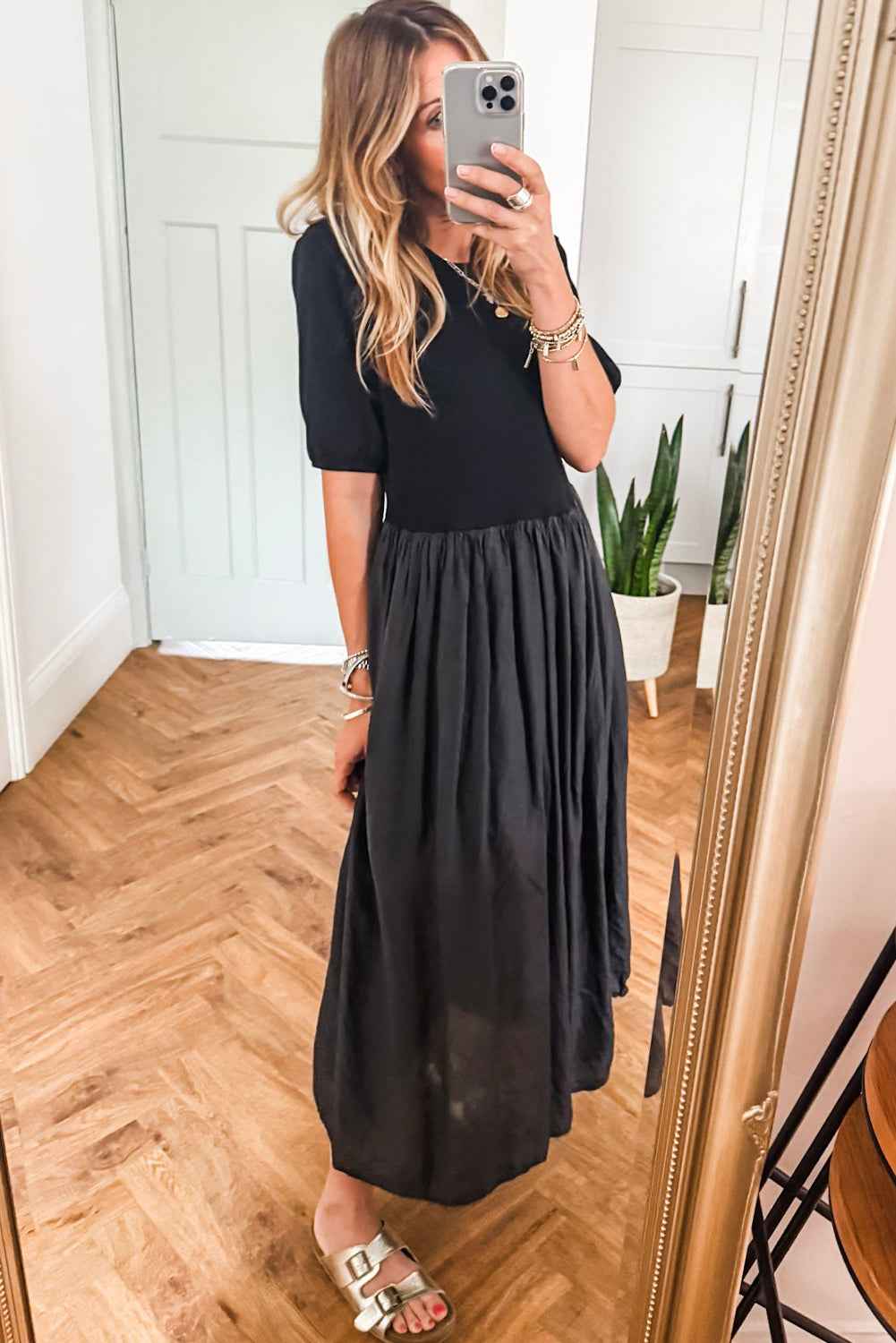 Black Short Sleeve Knit Top Patchwork Pleated Long Dress 2e2eac5920838de9
