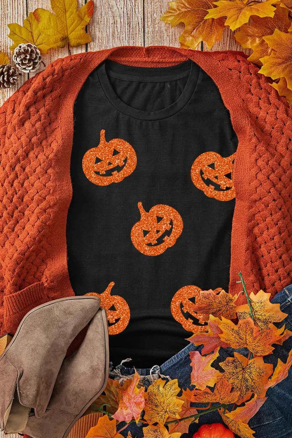 Full Size Glitter Jack-O'-Lantern Round Neck Short Sleeve T-Shirt 2e2ebcf1-f639-4b19-b201-bf5820e0bcf7-Max