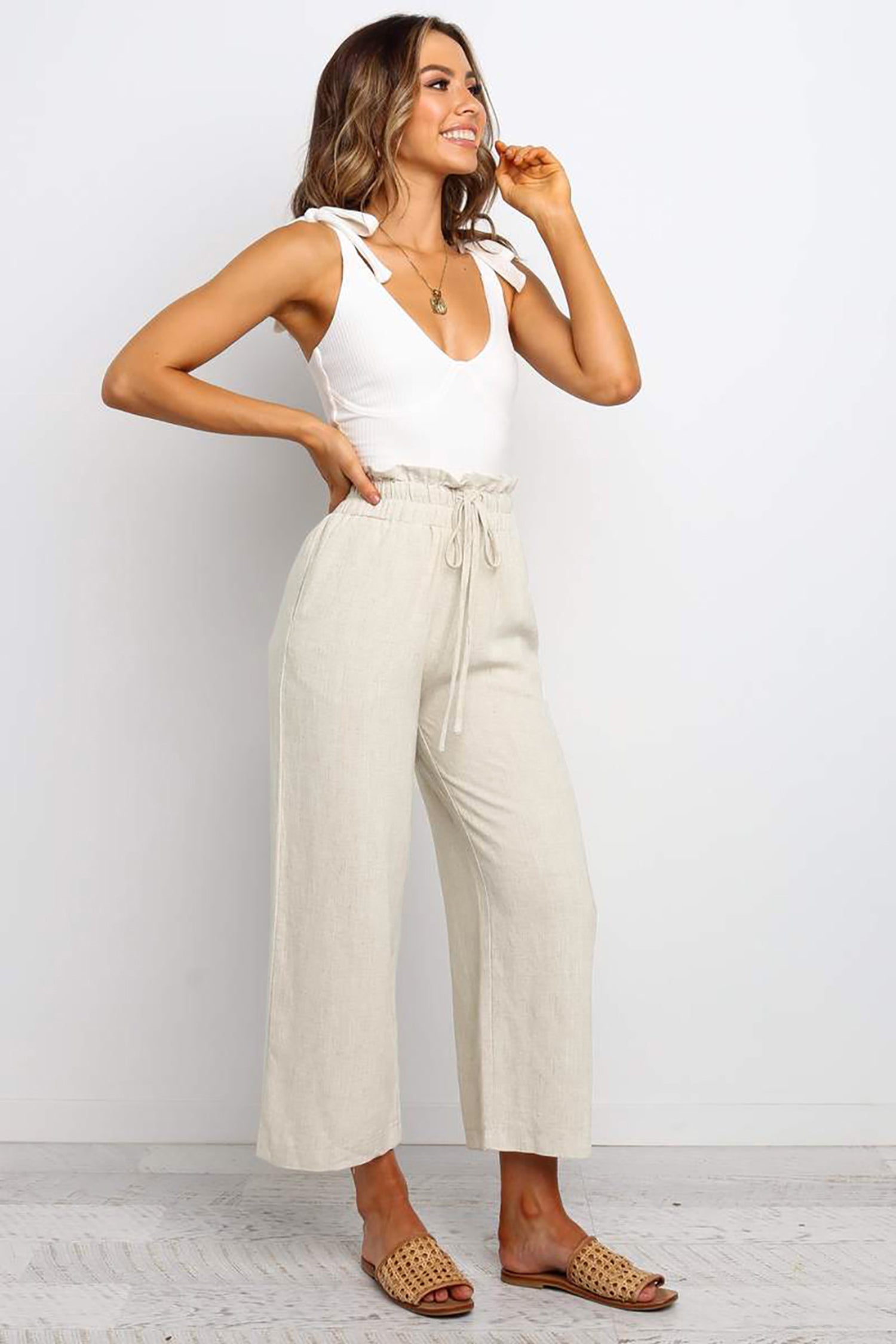 Khaki Paperbag Waist Straight Leg Cropped Pants 2e2f310840c03bd8