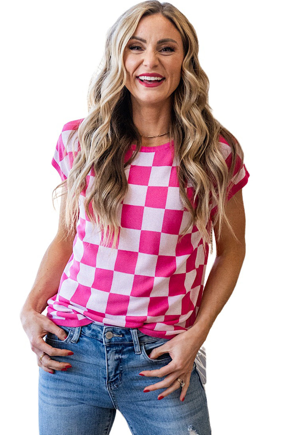 Rose Checkered Pattern Cap Sleeve Knitted Top 2e30cbee05373d9d