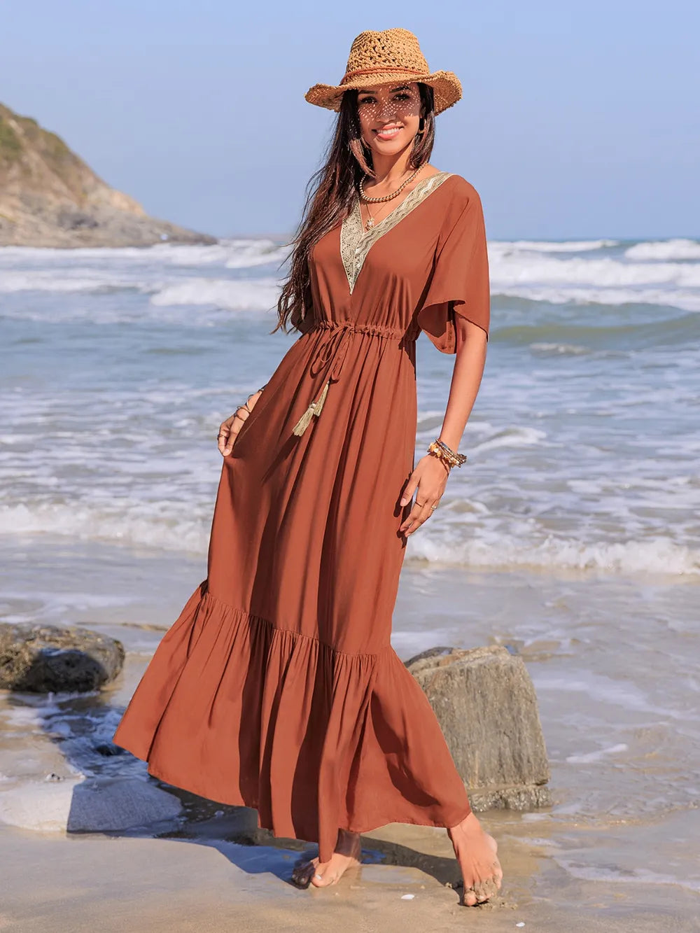 Ruffled Tassel V-Neck Flutter Sleeve Dress 2e311d38-9234-4bc2-8bdd-647c49bf34bb-Max