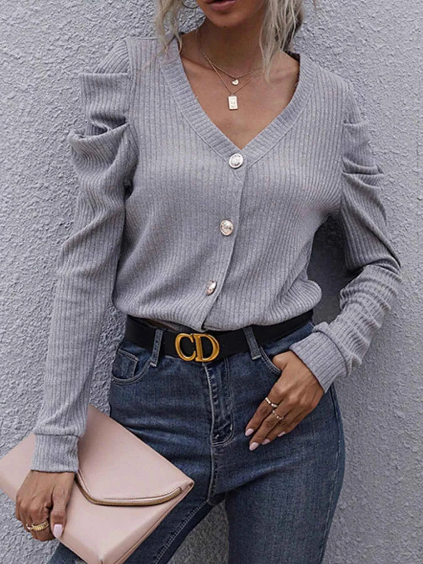 Ribbed V-Neck Button-Up Cardigan Light Gray 2e31a444-a7a1-4f49-a2a4-ac8cb6f7772a-Max-Origin