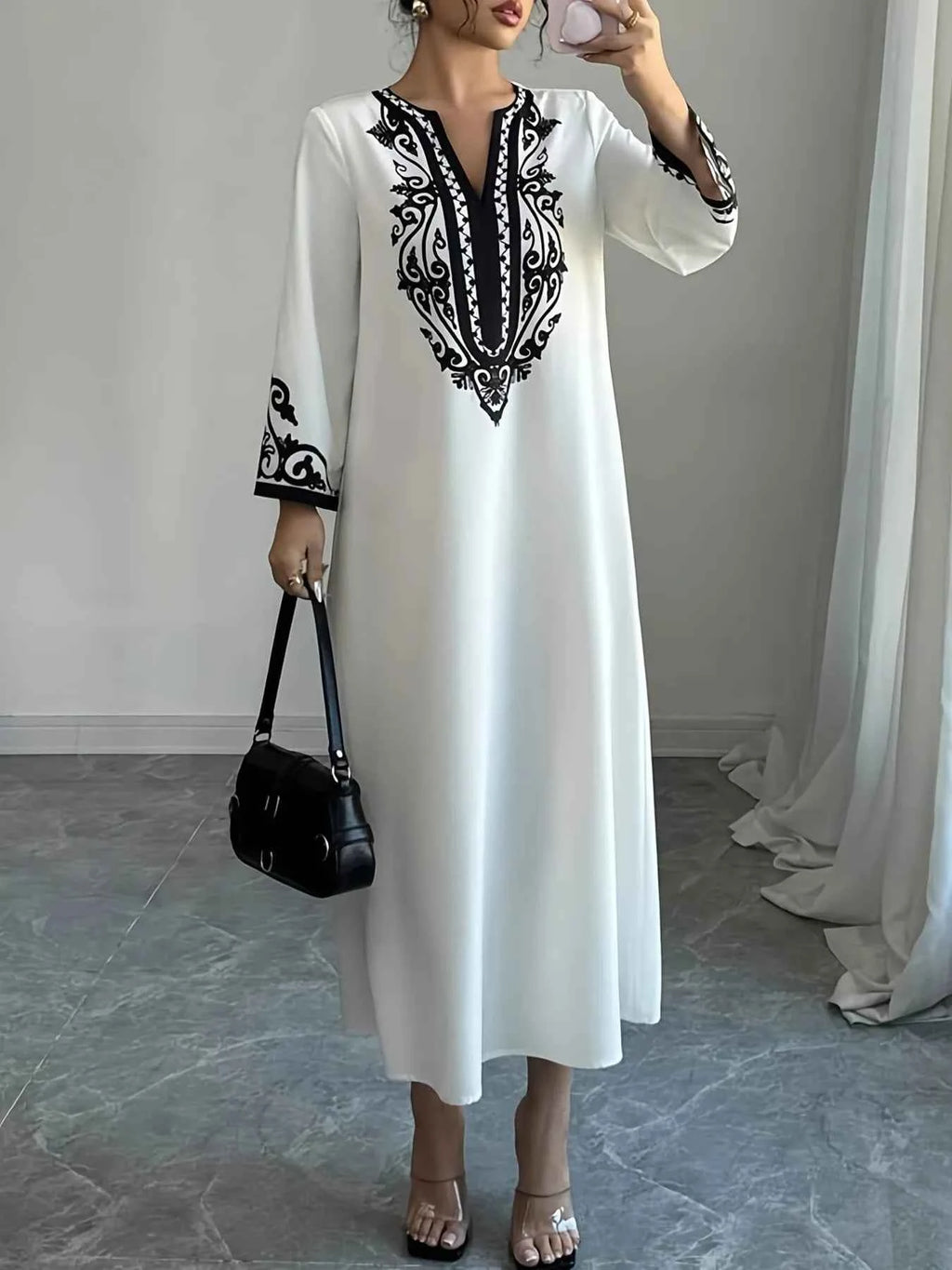 Printed Notched Long Sleeve Midi Dress 2e345db0b61343b484855576f553fc92-Max-Origin