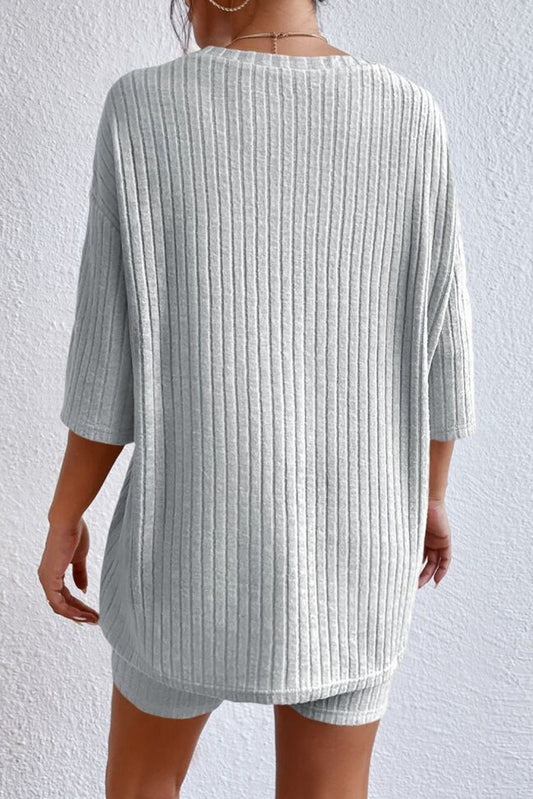 Gray Ribbed Knit Drop Shoulder T Shirt and Shorts Set 2e3541a1051cc43b