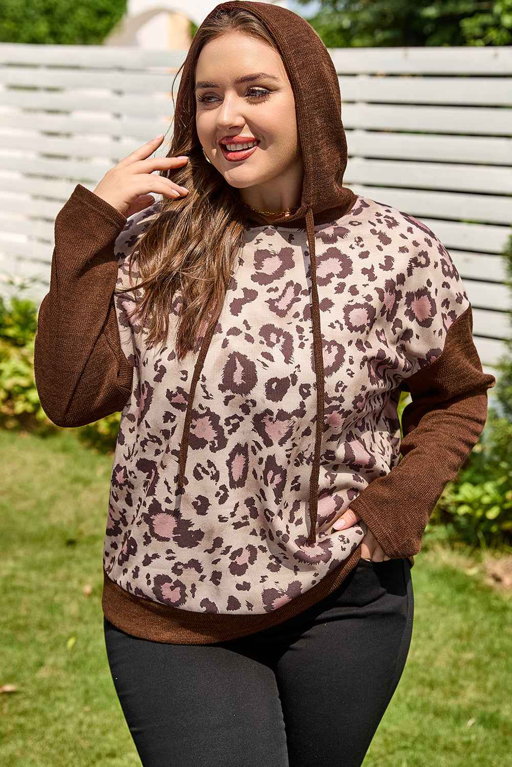 Brown Leopard Print Knit Patchwork Plus Hoodie 2e386caea61733d2