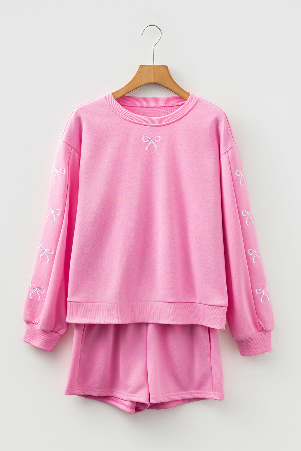 Sachet Pink Bow Embroidery Long Sleeve Pullover and High Waist Shorts Set 2e45403e394eda31