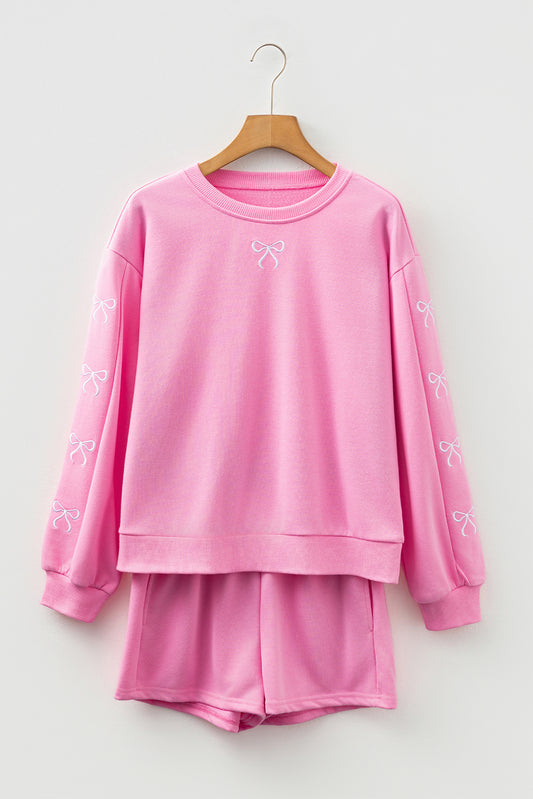 Sachet Pink Bow Embroidery Long Sleeve Pullover and High Waist Shorts Set 2e45403e394eda31